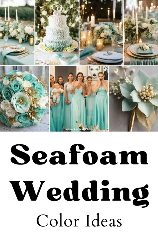 A photo collage of seafoam green wedding color ideas.
