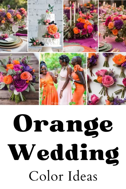 A photo collage of bright orange and pink orange wedding color ideas.
