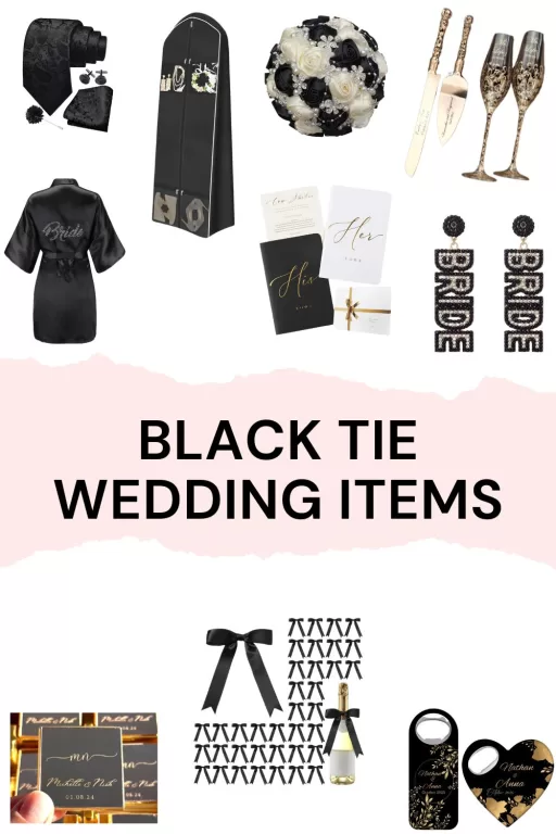 Image of 10 different black tie themed wedding day essentials and wedding favor ideas.