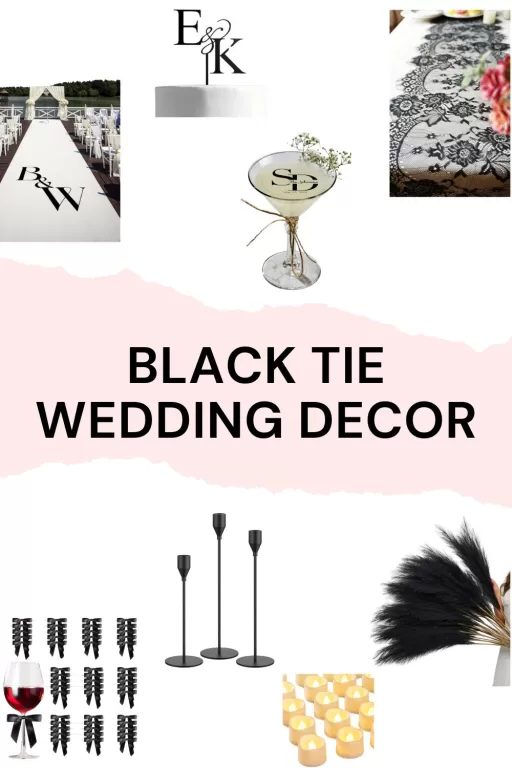 Image of 8 different black tie themed wedding decor ideas.