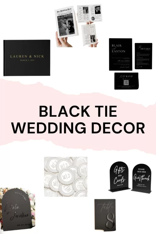 Image of 7 different black tie themed wedding day stationery ideas.