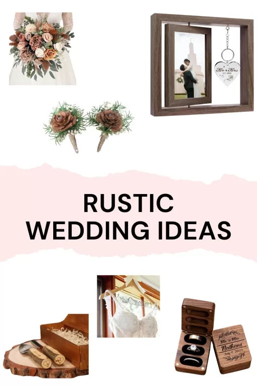 Image of 6 different rustic themed wedding items for the bride and groom.