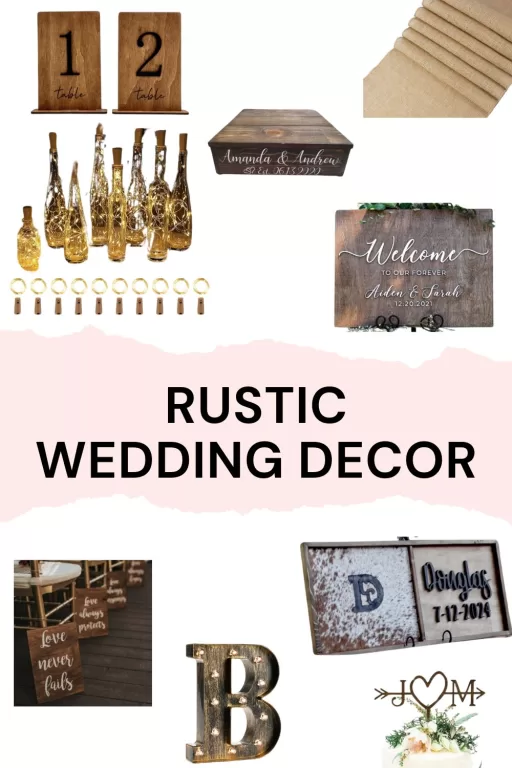 Image of 9 different rustic themed wedding decor items.