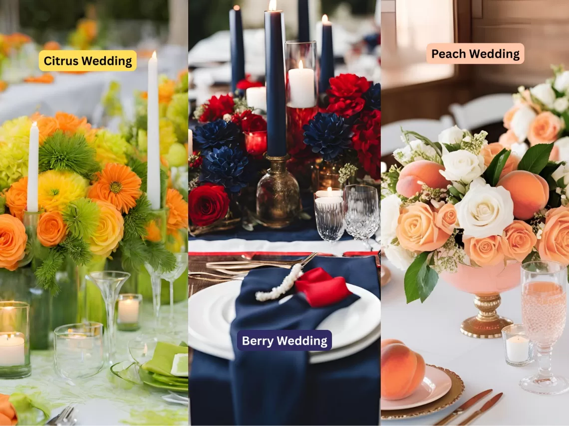 A collage of 3 different fruit themed wedding ideas.