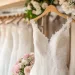 A rack of white wedding dresses.