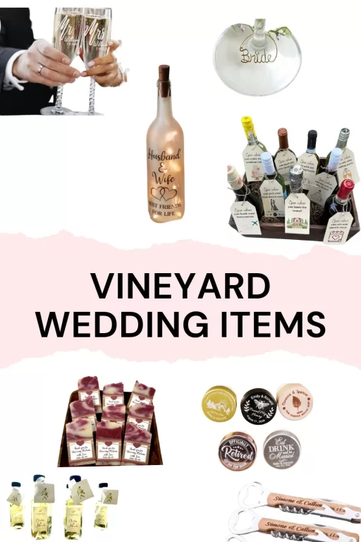 A photo collage of 8 vineyard themed items for the bride and groom and wedding favors.