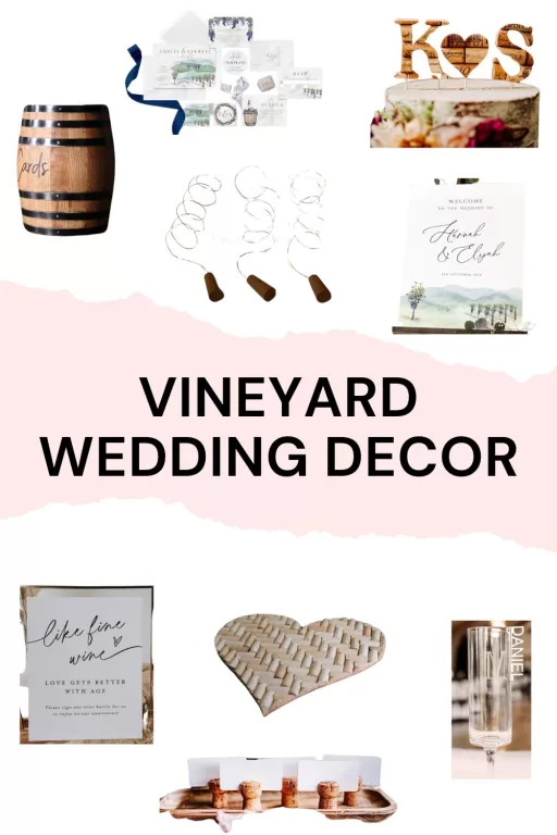 A photo collage of 9 vineyard themed wedding decor and stationery items.