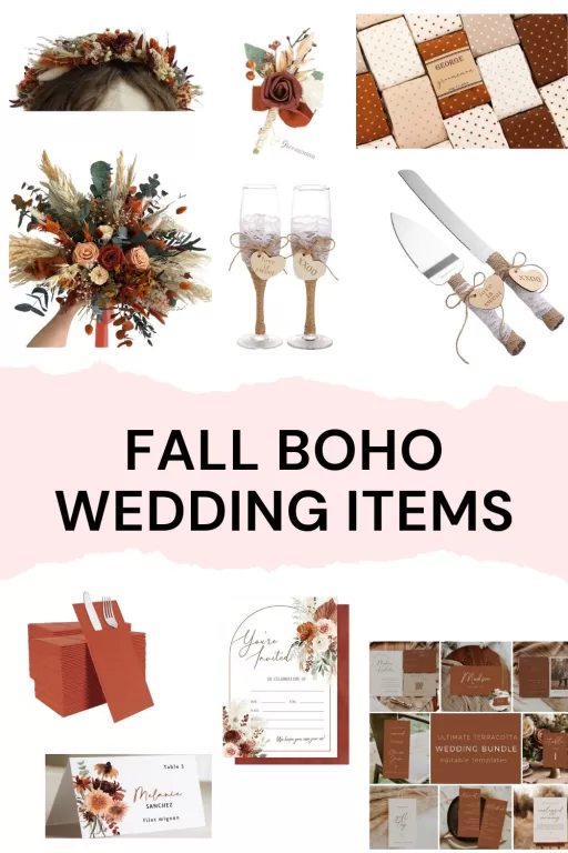 A photo collage of 10 fall boho themed wedding items.