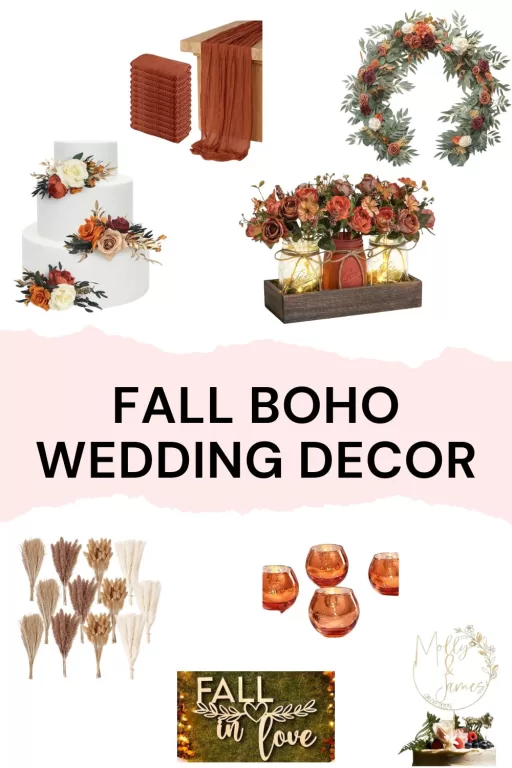 A photo collage of 8 fall boho themed wedding decor items.