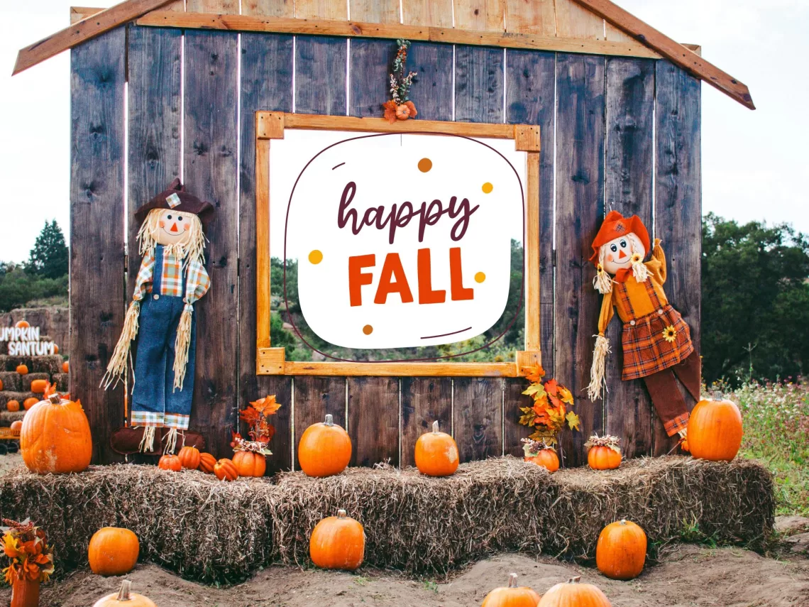 A pumpkin patch with scarecrows and hay bales.