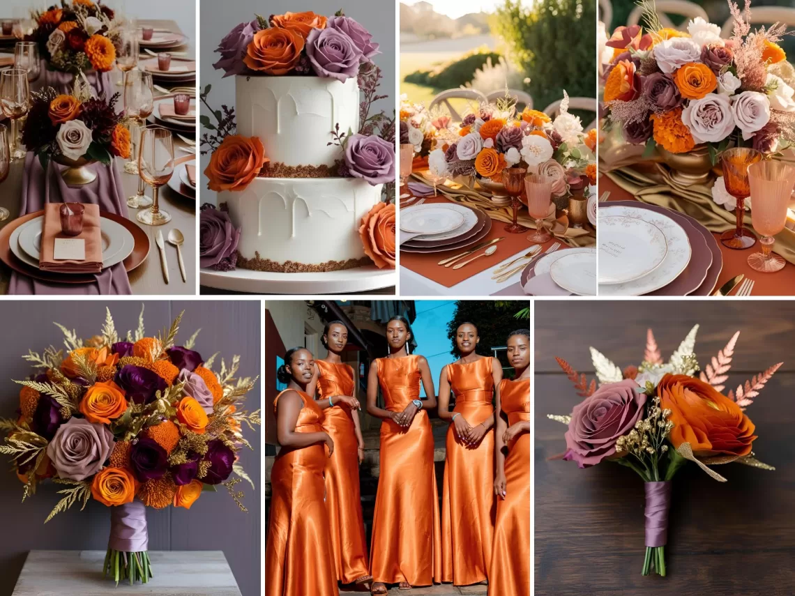 A photo collage of mauve and burnt orange wedding color ideas.