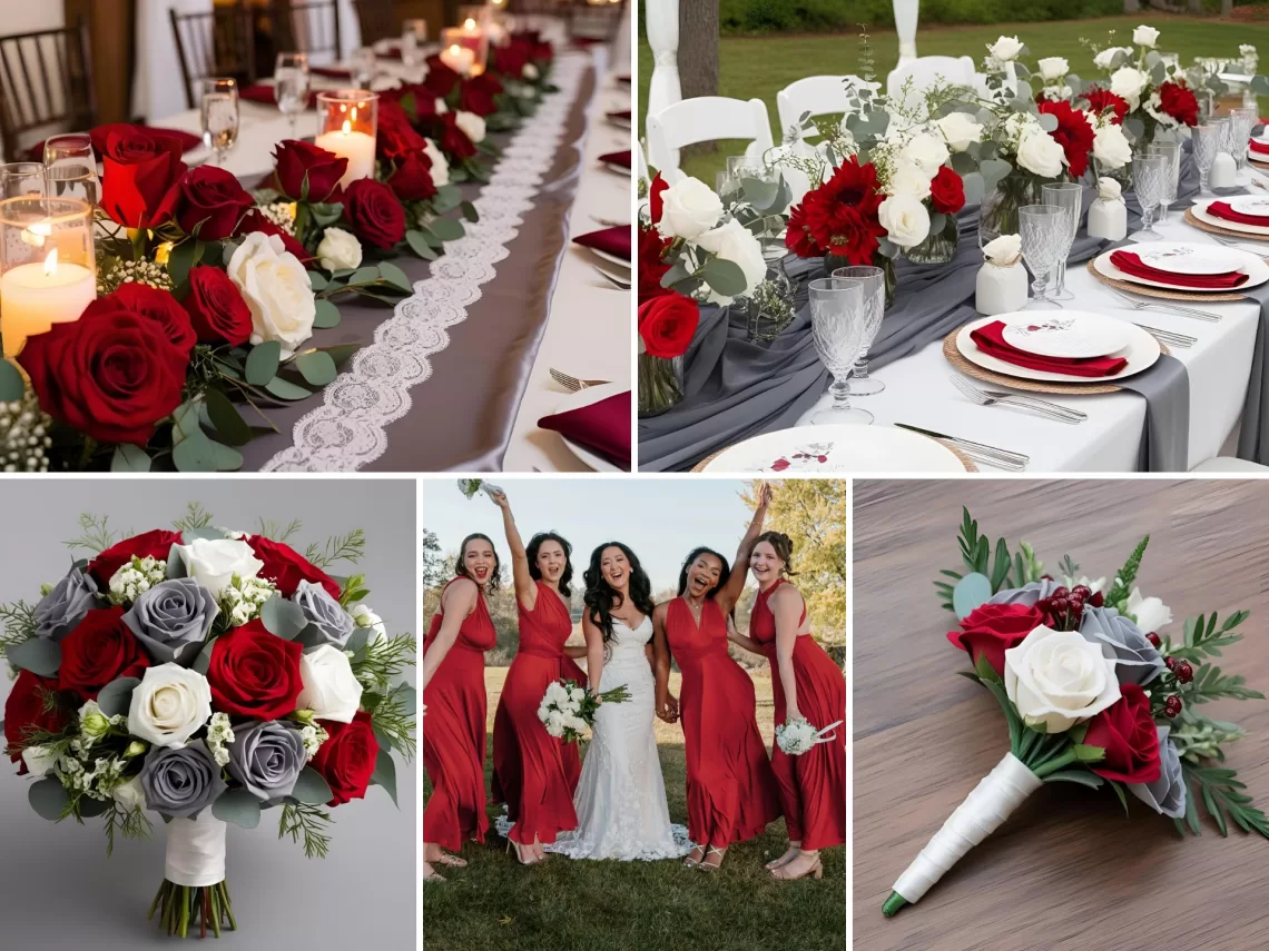 A photo collage of red and grey wedding color ideas.