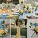 A photo collage of butter yellow and light blue wedding color ideas.