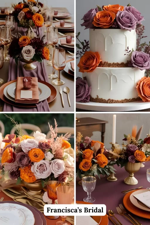 A photo collage of mauve and burnt orange wedding decor ideas.