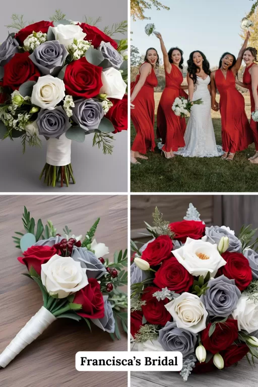 A photo collage of red and grey wedding bouquet ideas.