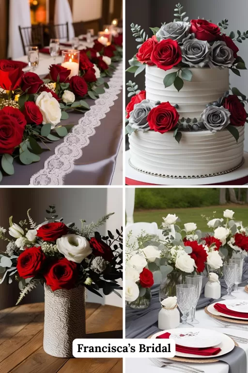 A photo collage of red and grey wedding decor ideas.