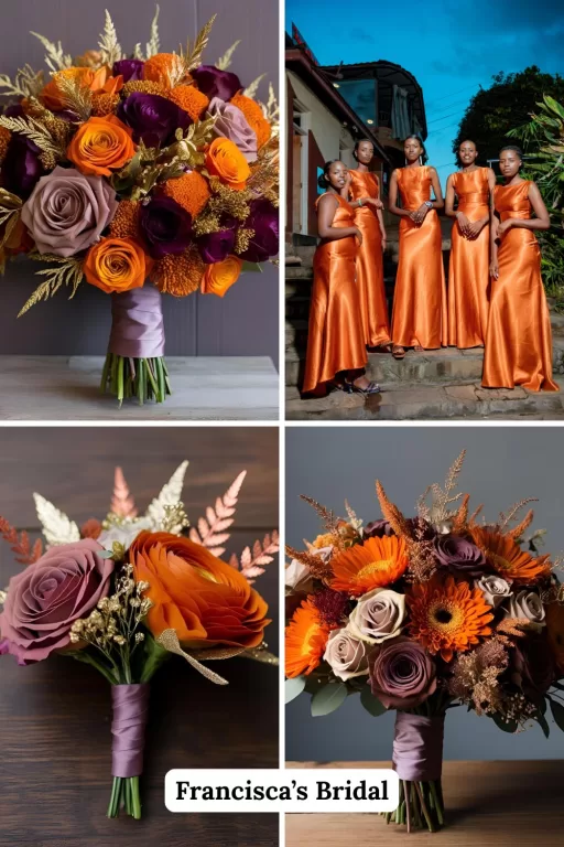 A photo collage of mauve and burnt orange wedding flower ideas.