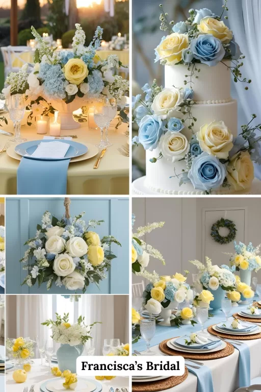 A photo collage of butter yellow and light blue wedding decor ideas.