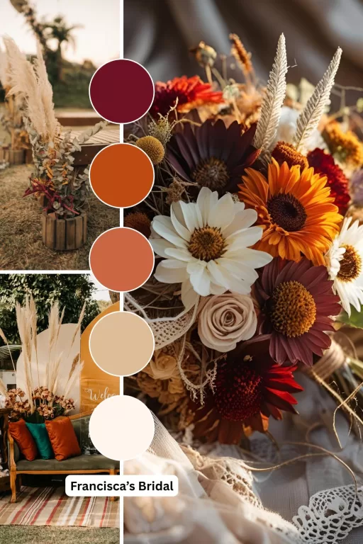 A photo collage of fall boho wedding color ideas.