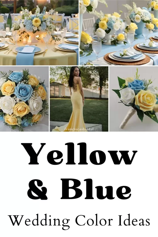 A photo collage of butter yellow and light blue wedding color ideas.