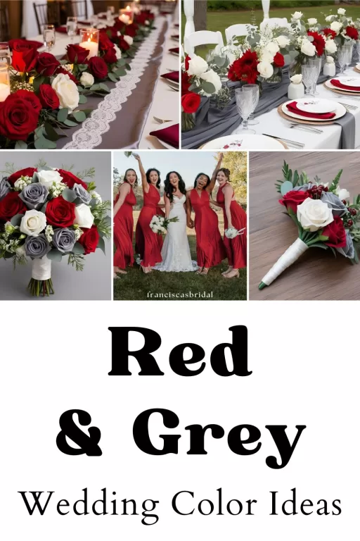 A photo collage of red and grey wedding color ideas.