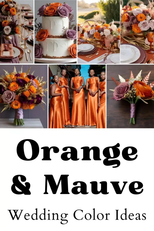 A photo collage of mauve and burnt orange wedding color ideas.