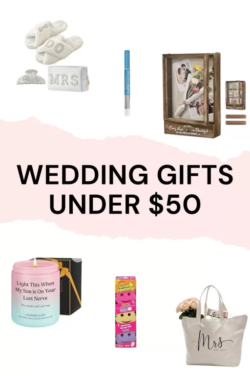 A photo collage of 6 wedding gift ideas for the bride.