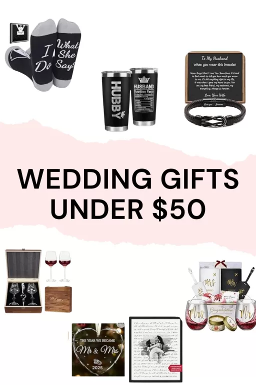 A photo collage of 7 wedding gift ideas for the couple.