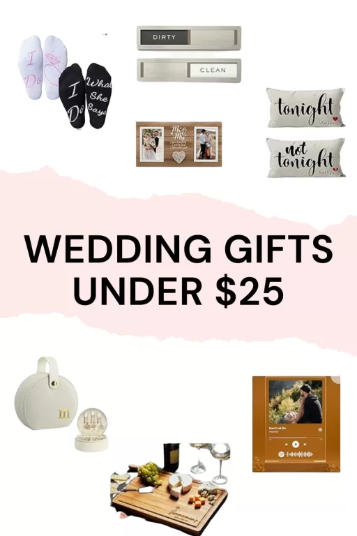 A photo collage of 7 wedding gift ideas for the couple.
