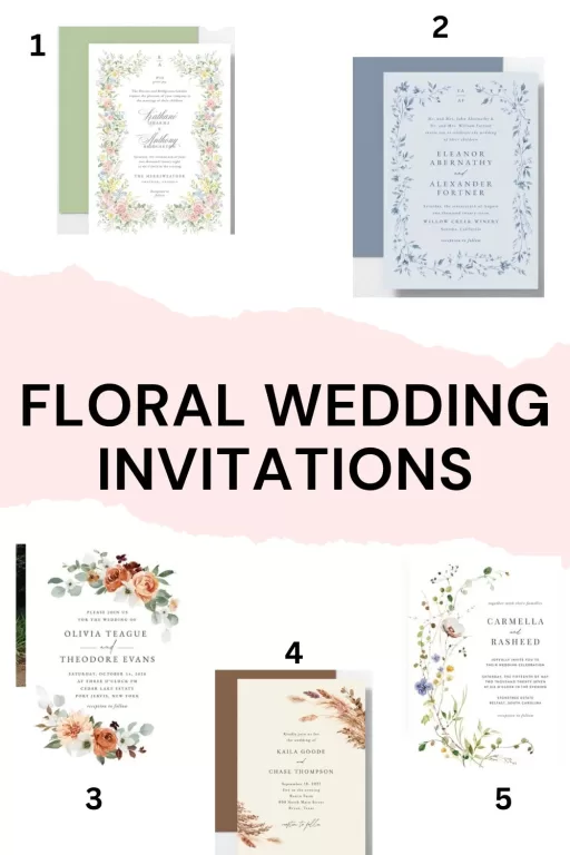 A photo collage of 5 romantic floral wedding invitation ideas.