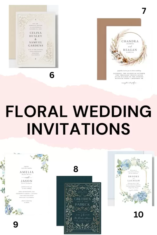 A photo collage of 5 romantic floral wedding invitation ideas.