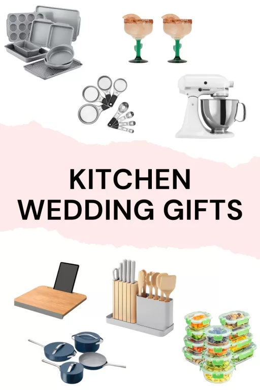A photo collage of 8 kitchen wedding gifts for the couple.