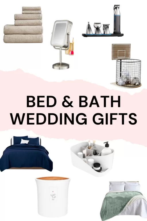 A photo collage of 8 bed and bath wedding gifts for the couple.