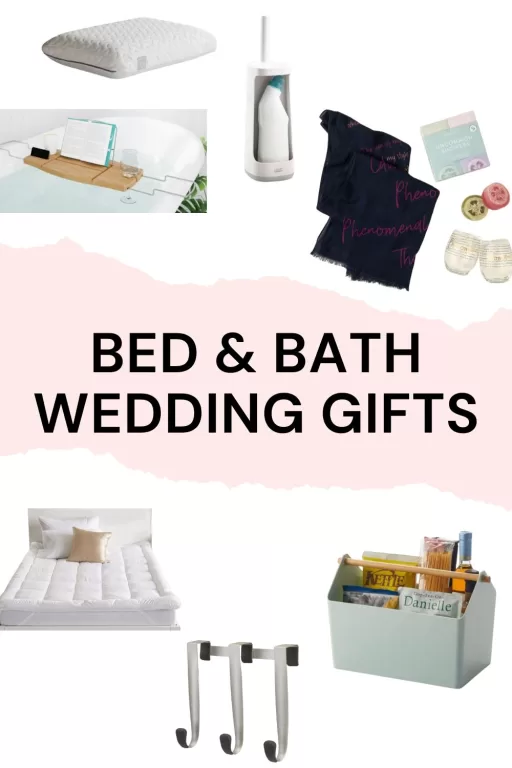 A photo collage of 7 bed and bath wedding gifts for the couple.
