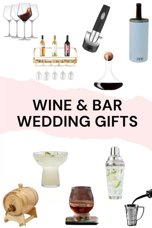 A photo collage of 10 wine and bar wedding gifts for the couple.