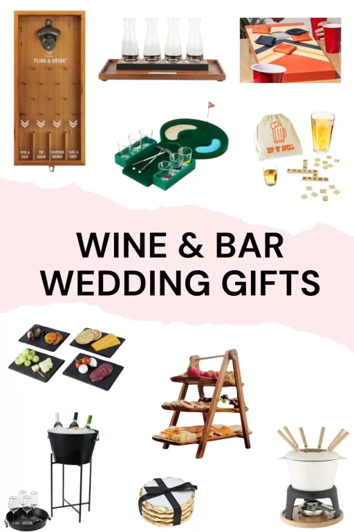 A photo collage of 10 wine and bar wedding gifts for the couple.