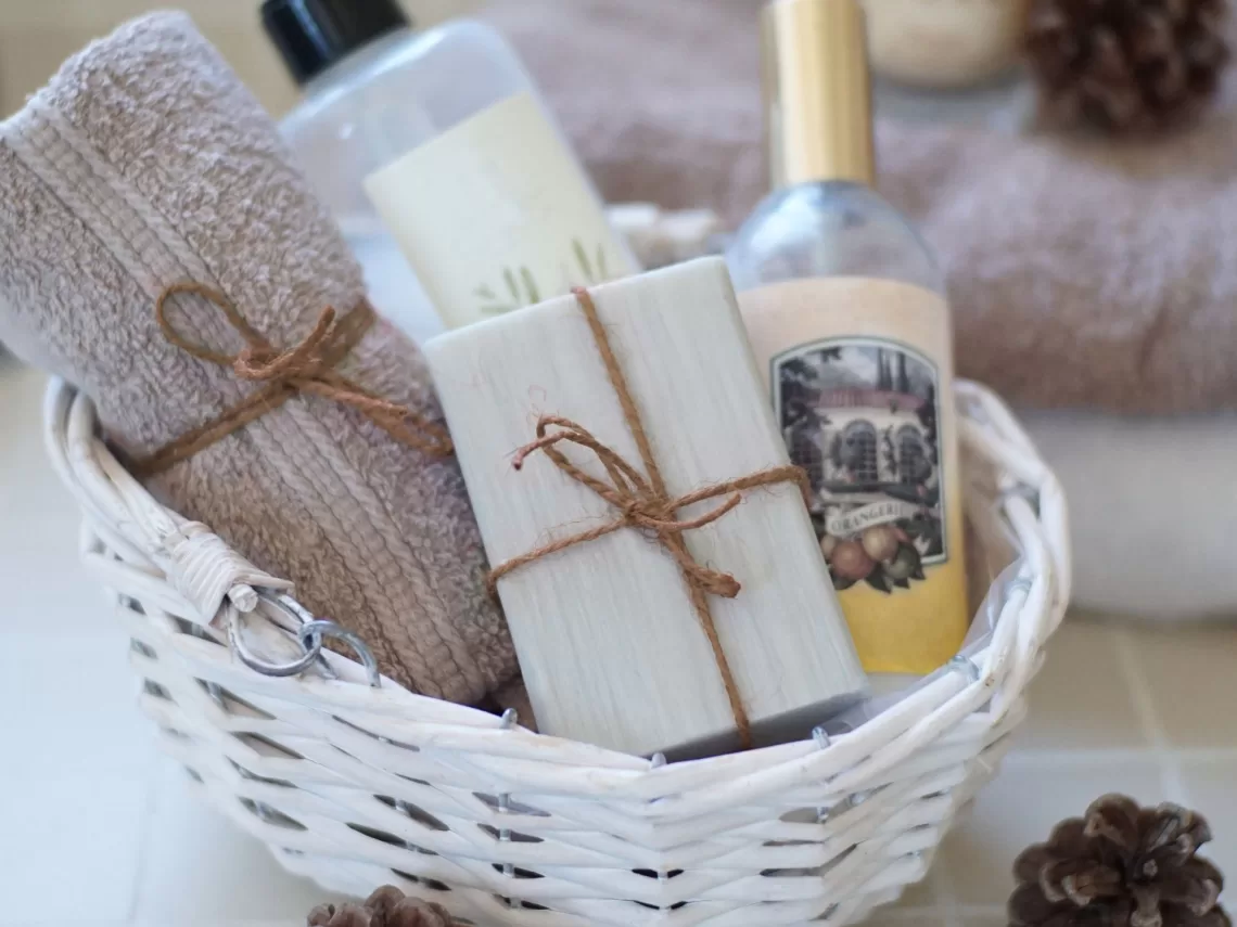 A wedding gift basket filled with bathroom essentials.