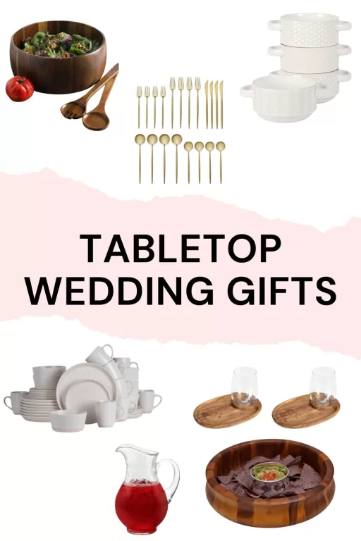 A photo collage of 7 dining tabletop wedding gifts for the couple.
