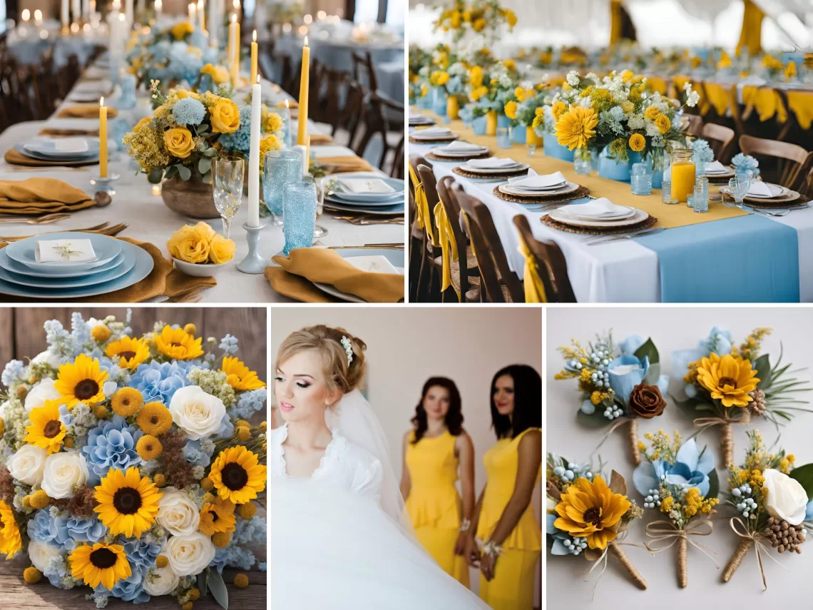 A photo collage of sky blue and mustard yellow wedding wedding color ideas.