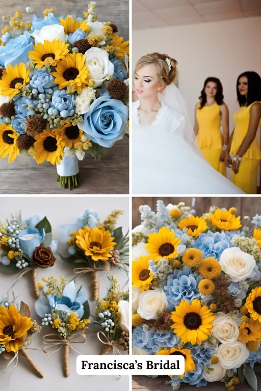 A photo collage of sky blue and mustard wedding flower ideas.
