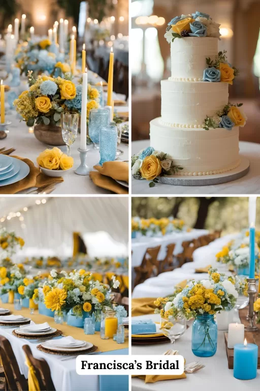 A photo collage of sky blue and mustard wedding decor ideas.