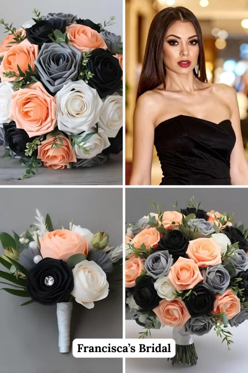 A photo collage of black and peach wedding flower ideas.