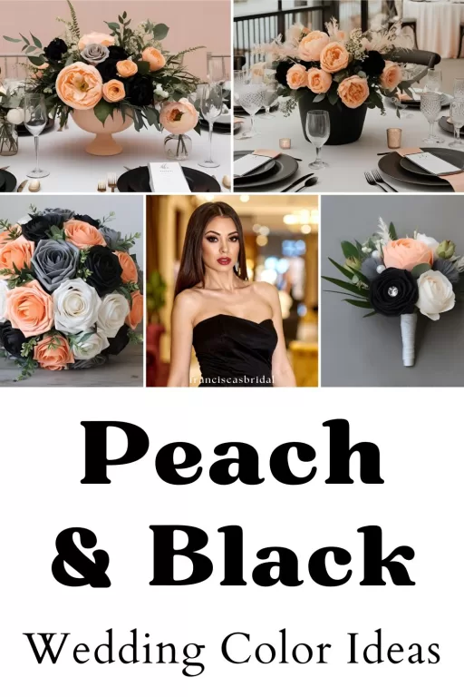 A photo collage of peach, black, and grey wedding wedding color ideas.