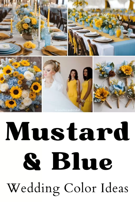A photo collage of sky blue and mustard yellow wedding wedding color ideas.