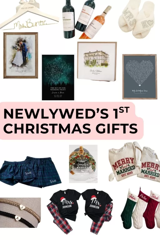 A collage of 12 gift ideas for a newlyweds first christmas together.