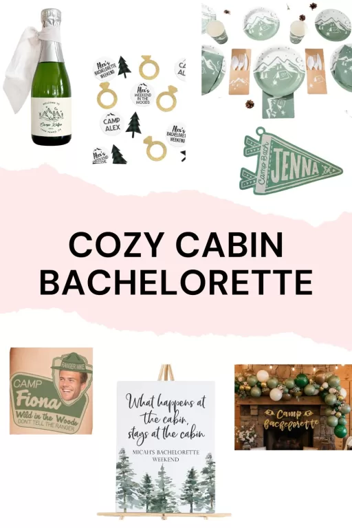 A photo collage of 7 cozy cabin bachelorette decoration items.