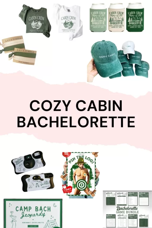 A photo collage of 8 cozy cabin bachelorette favor and game items.