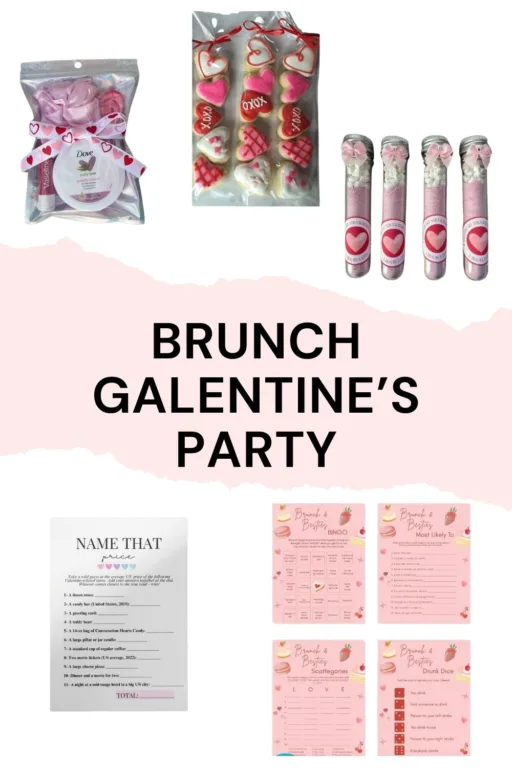 A collage of 3 brunch galentines themed favors and 2 party games.