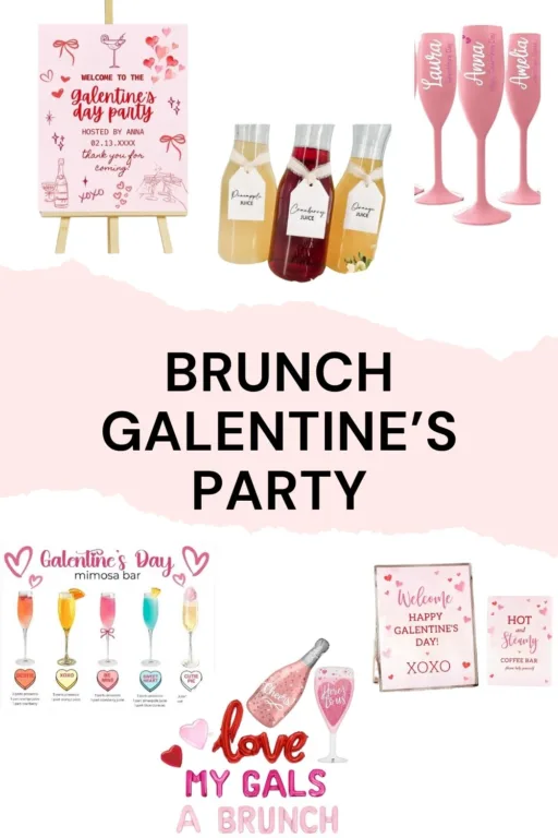 A collage of 6 brunch galentines themed party decor.