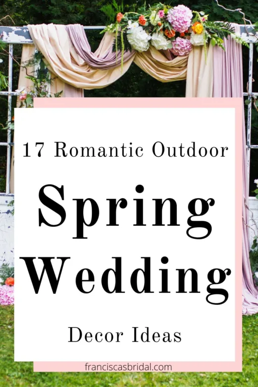 A wedding arch with pastel floral garland with the text outdoor spring wedding decor ideas.